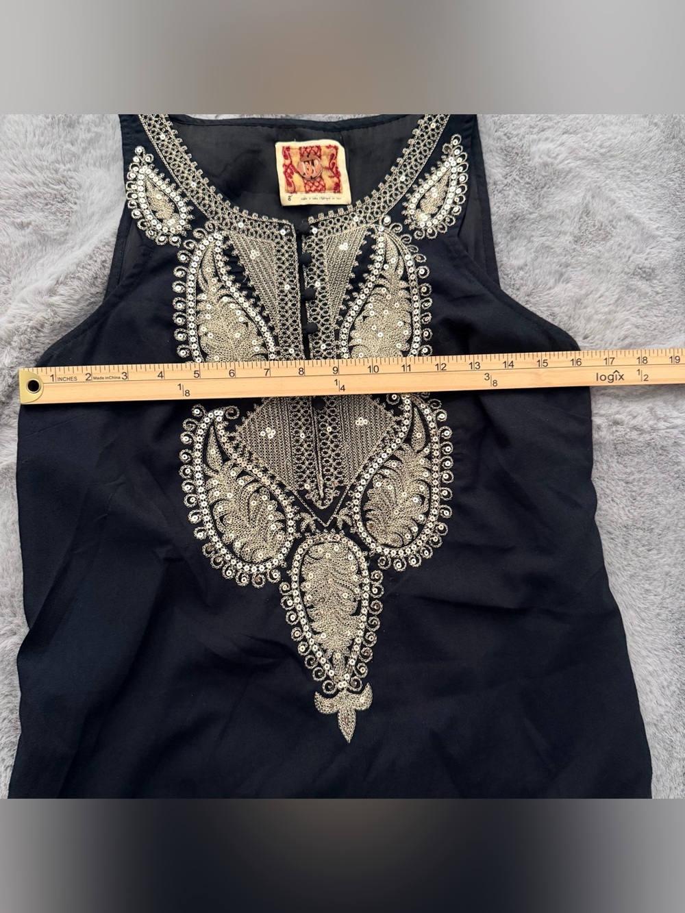 Free People Black Gold Sequin Embroidered Paisley Shift Mini Dress Size 8 - Picture 6 of 11